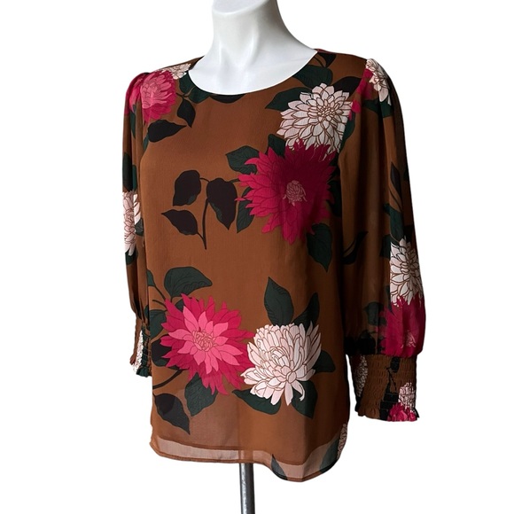 Ann Taylor Factory Sheer Brown Floral Overlay Balloon Sleeve Blouse, Sz M - Picture 9 of 13